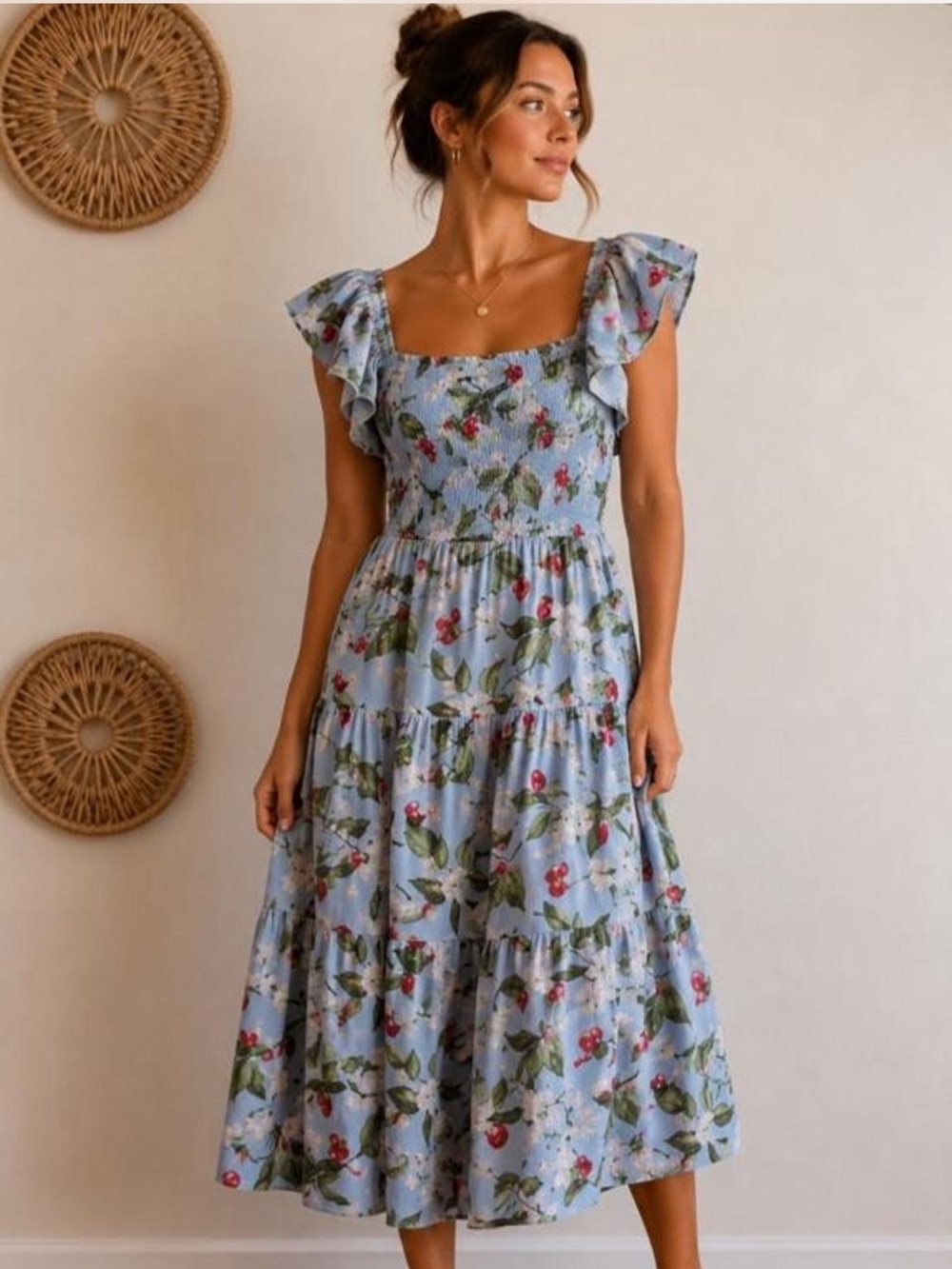 Heritage Blue Floral Ruffle-Sleeve Midi Dress
